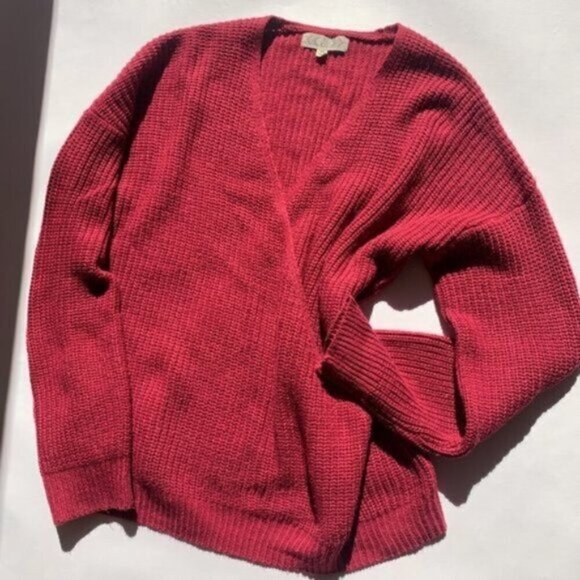 Long Sleeve Cable Knit Fuchsia Pink Wrap V Neck Sweater Ribbed Hems Women's XL - Picture 1 of 14